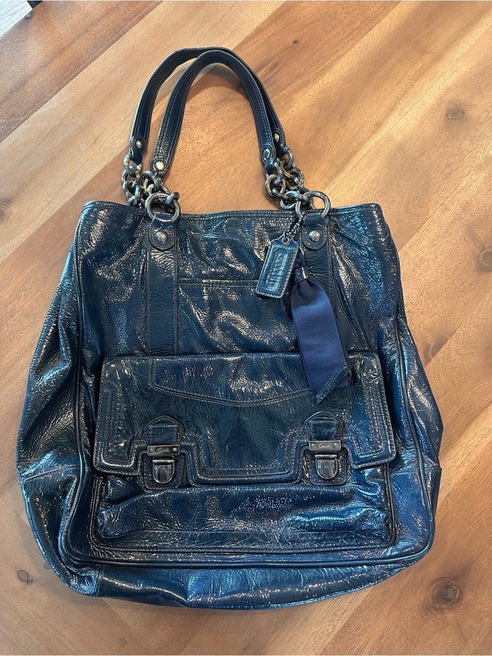 Coach Glossy Navy Patent Leather Shoulder Bag with Chain Handles
